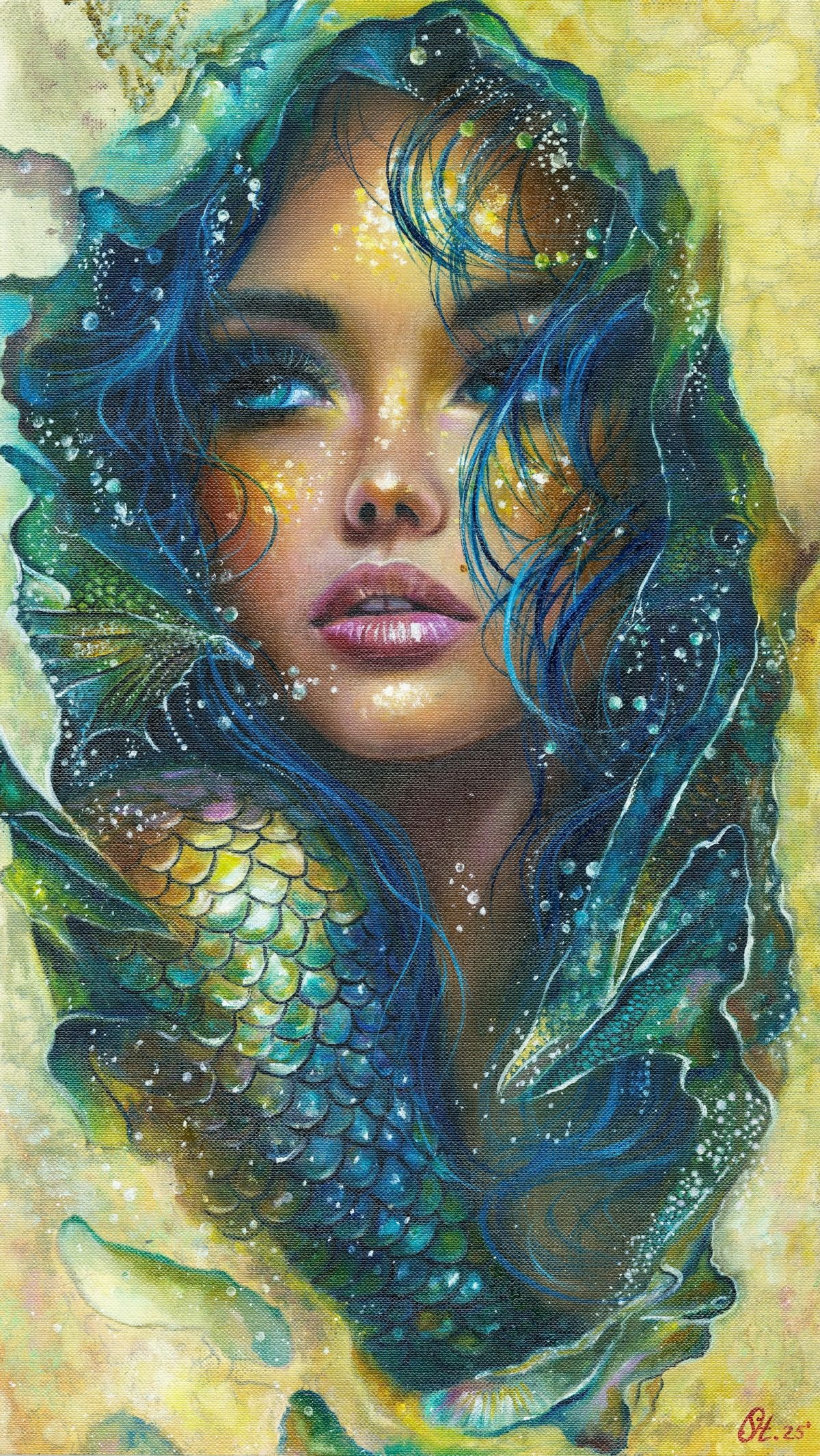 Olena Storozhuk (Ukraine,20/21C) acrylic painting: ARTIST: Olena Storozhuk (Ukrainian, 20/21 centuries) TITLE: Portrait of Mermaid MEDIUM: acrylic on heavy paper CONDITION: Very good. ART SIZE: 15 x 9 inc