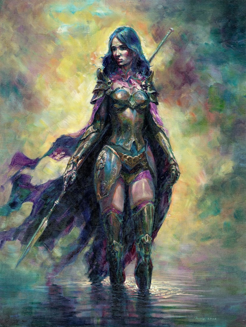 Vitalii Paroviy (Ukraine,b 1986) acrylic painting: ARTIST: Vitalii Paroviy (Ukrainian, born 1986) TITLE: Warrior Woman MEDIUM: acrylic on heavy paper CONDITION: Few minor scratches/paint losses. No visible inpaint under UV l