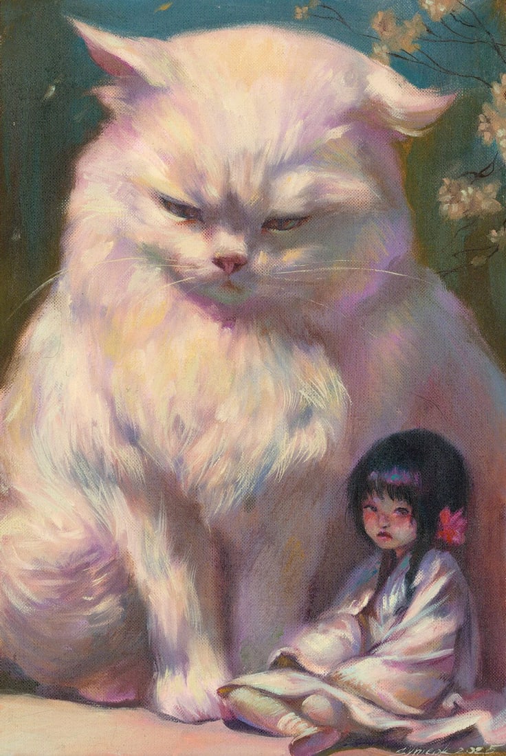 Tatiana Synieok (Ukraine,20/21C) oil painting: ARTIST: Tatiana Synieok (Ukrainian, 20/21 centuries) TITLE: Girl and Big Cat MEDIUM: oil on heavy paper CONDITION: Very good. No visible inpaint under UV light. A