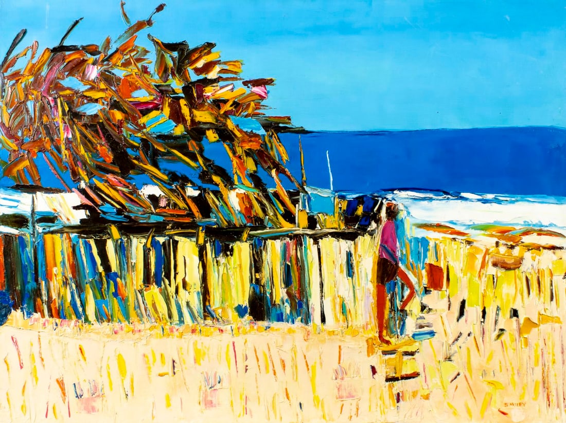 Sidney Smiley (WA,IL,1912-2002) acrylic painting: ARTIST: Sidney Smiley (Washington, Illinois, 1912 - 2002) TITLE: Coastal Scene MEDIUM: acrylic on canvas CONDITION: Few minor scratches/paint losses. Minor craquelure. No