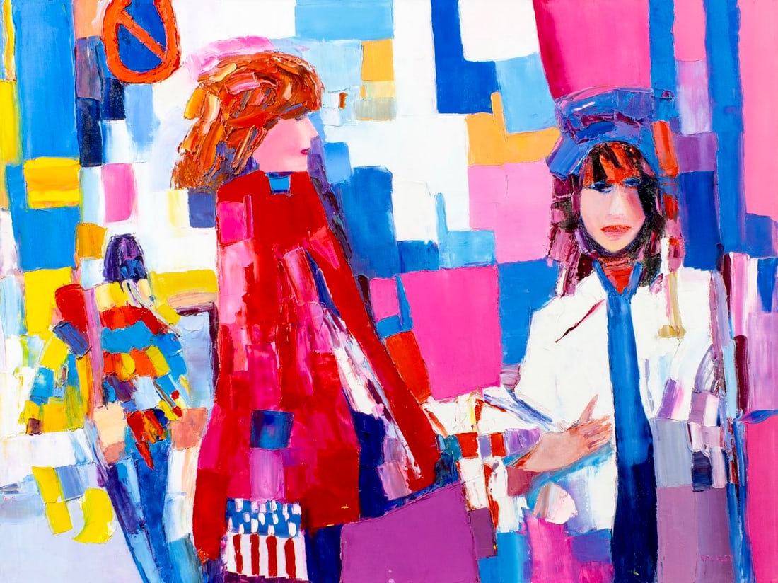 Sidney Smiley (WA,IL,1912-2002) acrylic painting: ARTIST: Sidney Smiley (Washington, Illinois, 1912 - 2002) TITLE: Two Women MEDIUM: acrylic on canvas CONDITION: Few small paint losses. No visible inpaint under UV light.<