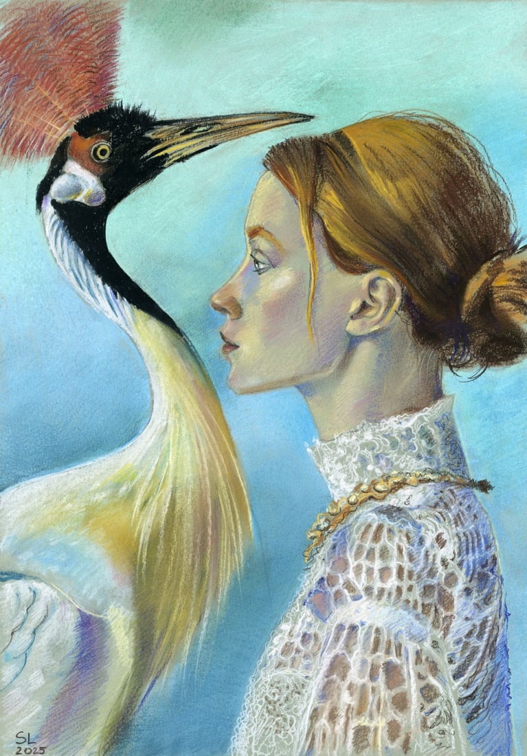 Lyudmila Siabro (Ukraine,20/21C) pastel painting: ARTIST: Lyudmila Siabro (Ukrainian, 20/21 centuries) TITLE: Woman with Bird MEDIUM: pastel on heavy paper CONDITION: Very good. ART SIZE: 17 x 12 inches