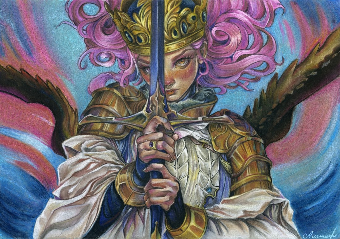 Alina Shibanova (Ukraine,20/21C) pastel painting: ARTIST: Alina Shibanova (Ukrainian, 20/21 centuries) TITLE: Woman Angel Warrior MEDIUM: pastel on heavy paper CONDITION: Very good. ART SIZE: 12 x 17 inc