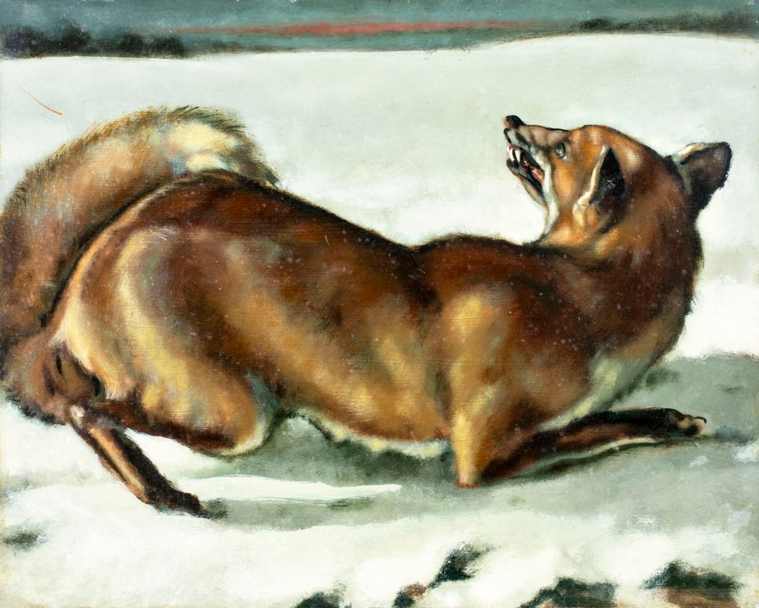 Vintage mid 20C American oil painting: ARTIST: - (American, mid 20 century) TITLE: Fox Preparing for Attack (titled on verso) MEDIUM: oil on board CONDITION: One small scratch/paint loss by the left edge. Few s