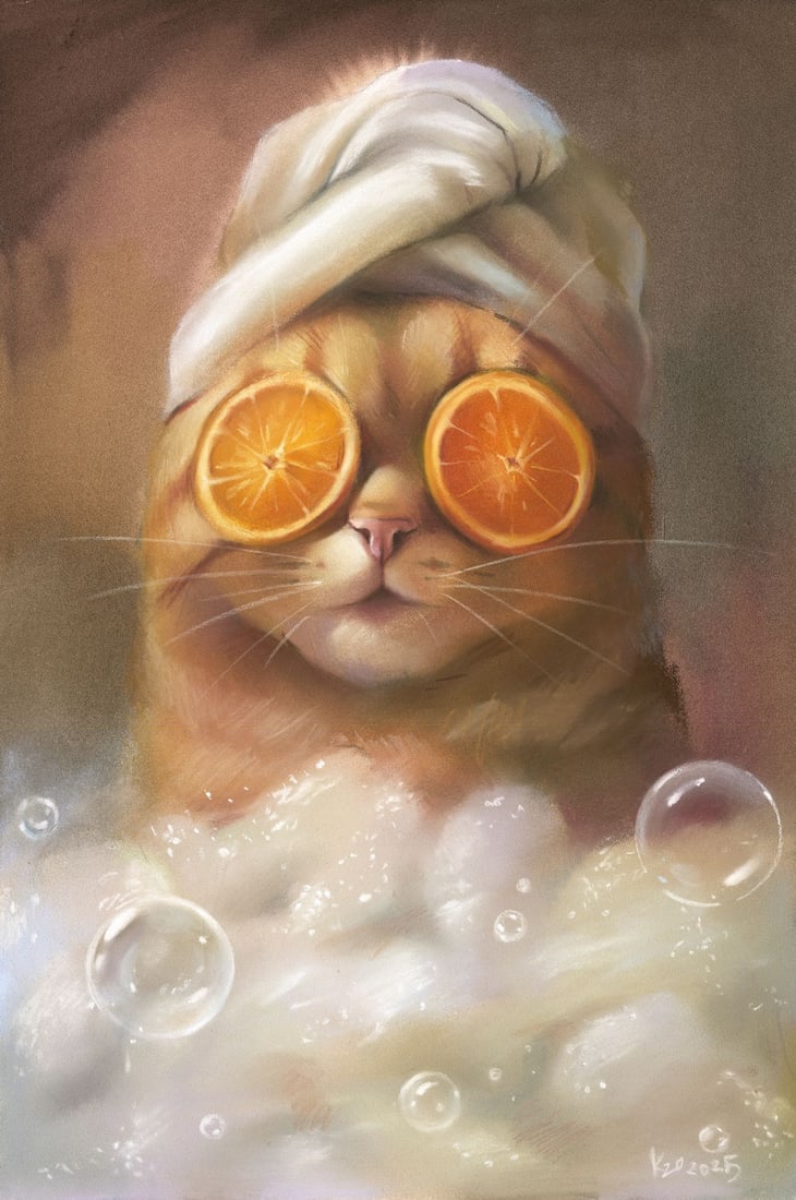 Olga Kuznezova (Ukraine,b 2000) pastel painting: ARTIST: Olga Kuznezova (Ukrainian, born 2000) TITLE: Bathing Cat MEDIUM: pastel on heavy paper CONDITION: Very good. ART SIZE: 12 x 8 inches / 30 x 20 cm