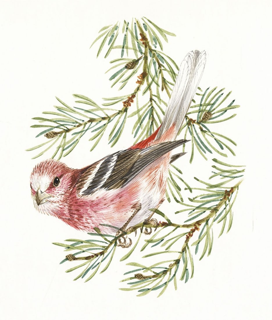 Robin Hill (VA,DC,UK,Australia,1932-?) watercolor painting: ARTIST: Robin Hill (Virginia, District Of Columbia, United Kingdom, Australian, 1932 - ???) TITLE: Long-tailed Rosefinch Bird (titled on verso) YEAR: 1980s MEDIUM: waterco