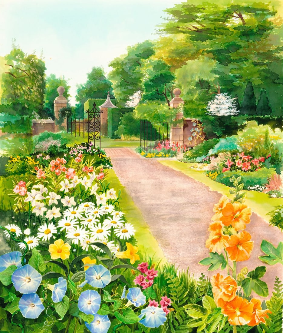 Vintage 20C American watercolor painting: ARTIST: - (American, 20 century) TITLE: Garden Landscape YEAR: 1980s MEDIUM: watercolor on board CONDITION: Few small crease lines by the lower right c