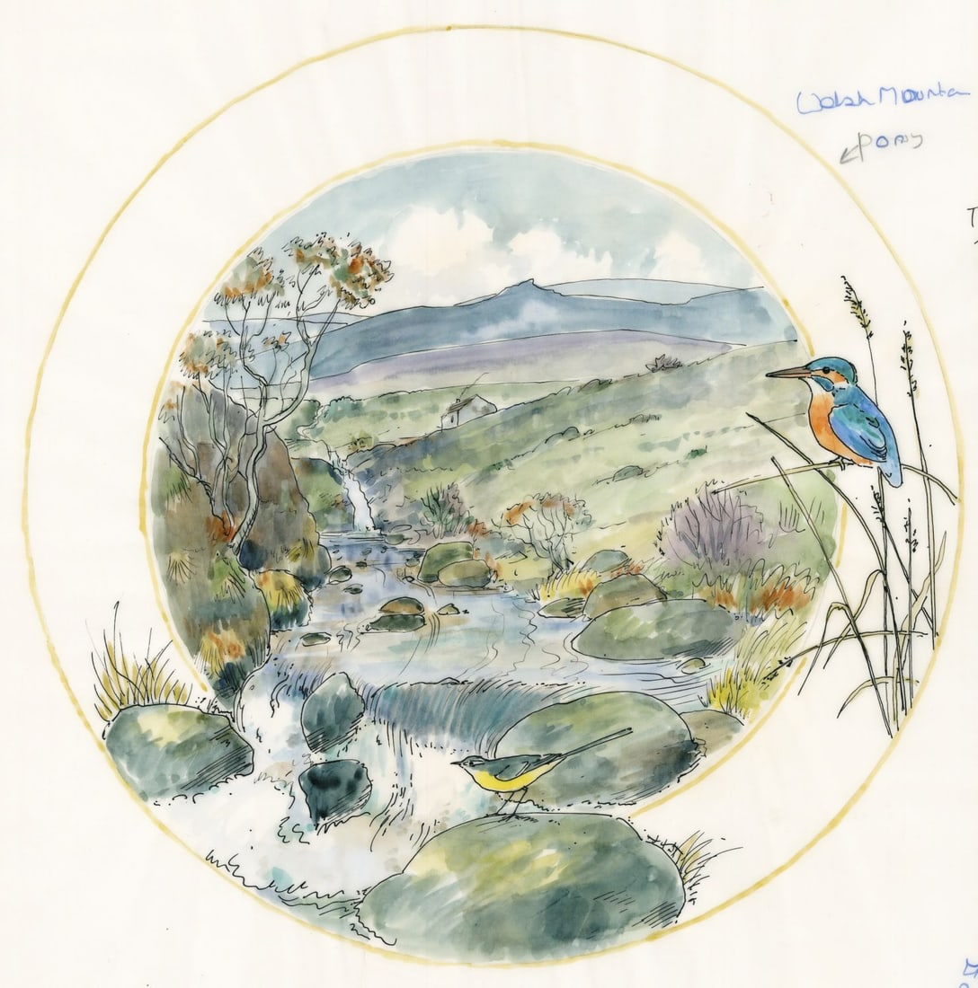 Peter Barrett (UK,1935-?) watercolor painting: ARTIST: Peter Barrett (United Kingdom, 1935 - ???) TITLE: Country Year - November Sketch YEAR: 1979 MEDIUM: watercolor on paper CONDITION: Some tears t