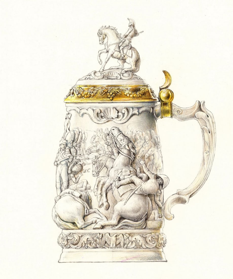 Gianni Benvenuti (Italy,US,1926-2005) ink painting: ARTIST: Gianni Benvenuti (Italian, American, 1926 - 2005) TITLE: Mug Decoration YEAR: 1984 MEDIUM: ink on board CONDITION: Overall good. ART