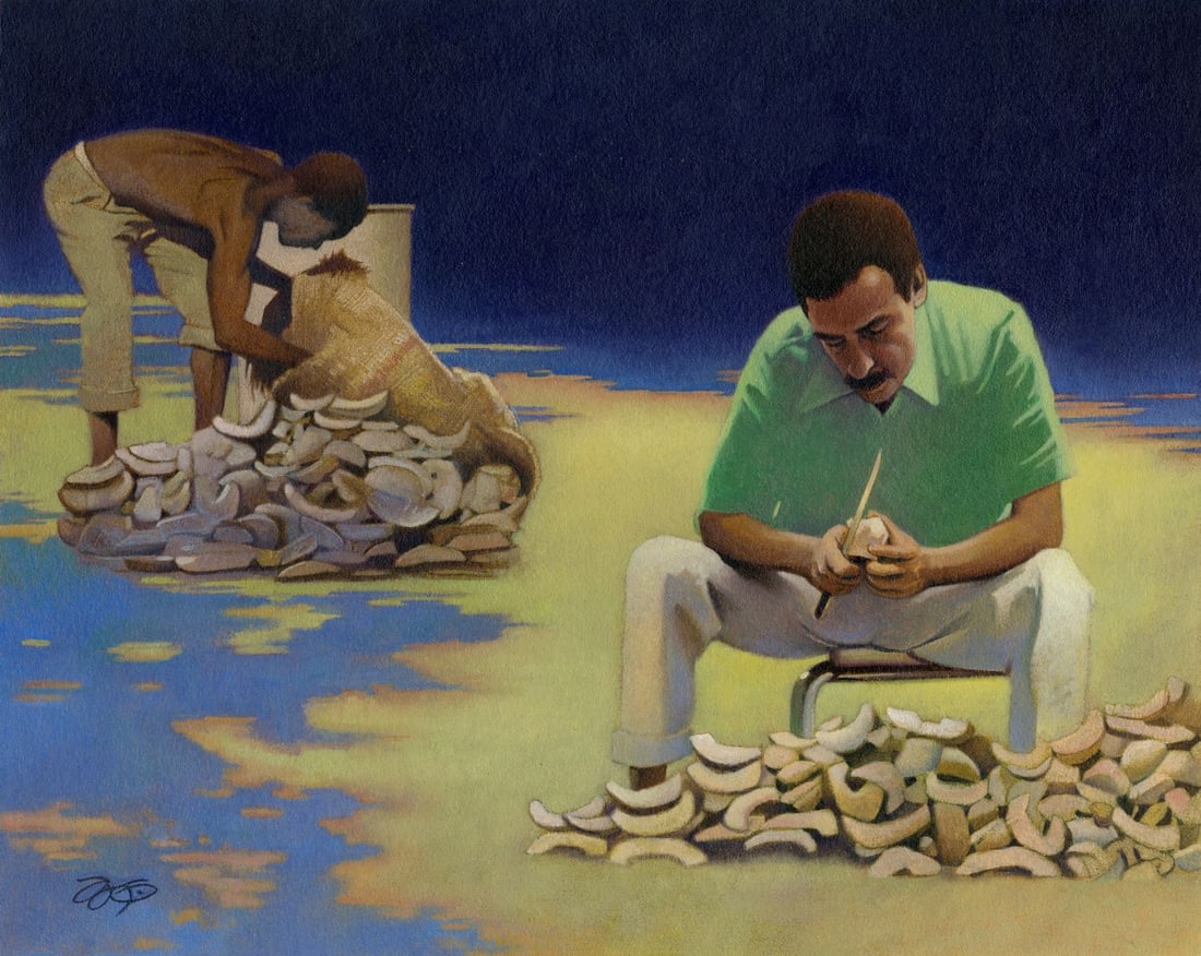 Greg Rudd (US,b 1952) oil painting: ARTIST: Greg Rudd (American, born 1952) TITLE: Kadmotot - The Gift of Life, Man Cutting Fruit (titled on verso) YEAR: 1990 MEDIUM: oil on board CONDITION: