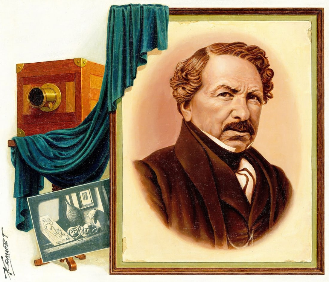 Gherman Komlev (Russia,1933-2000) oil painting: ARTIST: Gherman Alexeyevich Komlev (Russian, 1933 - 2000) TITLE: Portrait of Louis Daguerre (titled on verso) YEAR: 1987 MEDIUM: oil on canvas. Canvas applied to board.