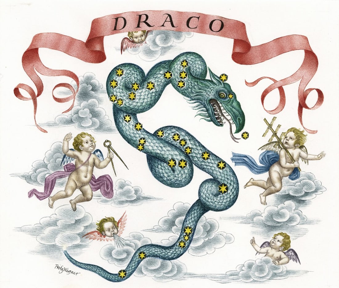 Fritz Wegner (Austria,1924-2015) watercolor painting: ARTIST: Fritz Wegner (Austrian, 1924 - 2015) TITLE: Draco, The Dragon (titled on verso) YEAR: 1986 MEDIUM: watercolor on paper. Paper applied to board. CONDITIO