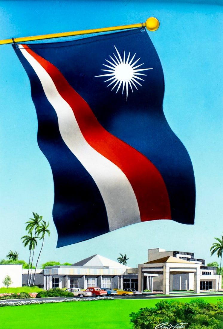 Ren Wicks (CA,1911-1997) gouache painting: ARTIST: Ren Wicks (California, 1911 - c.1997) TITLE: Marshall Islands Flag with Nitijila Builduibg (titled on verso) YEAR: 1993 MEDIUM: gouache on board CONDITI
