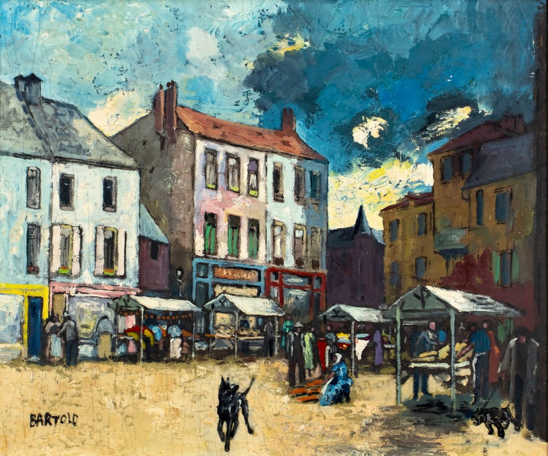 Bartolo (US,mid 20C) oil painting: ARTIST: Bartolo (American, mid 20 century) TITLE: Cityscape with Street Market MEDIUM: oil on canvas CONDITION: Few minor paint losses. Some craquelure. No visible inpaint u