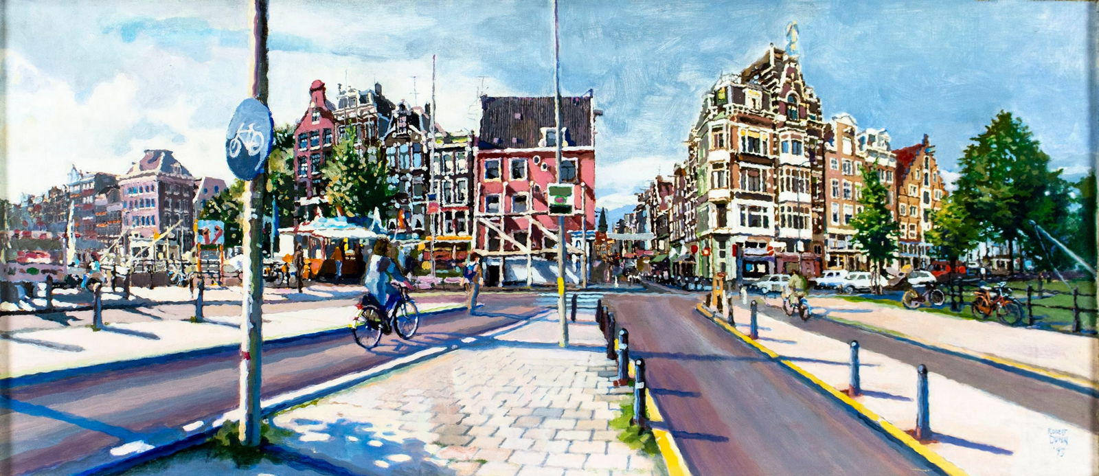 Robert Dunn (20C) oil painting: ARTIST: Robert Dunn (20 century) TITLE: Amsterdam Cityscape, Netherlands YEAR: 1993 MEDIUM: oil on canvas CONDITION: Some small scratches mostly along ed
