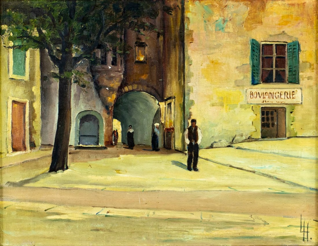 Vintage mid 20C European oil painting: ARTIST: - (Europe, mid 20 century) TITLE: French Cityscape MEDIUM: oil on canvas CONDITION: Some scratches/paint losses mostly in the upper left quadrant. No visible inpai