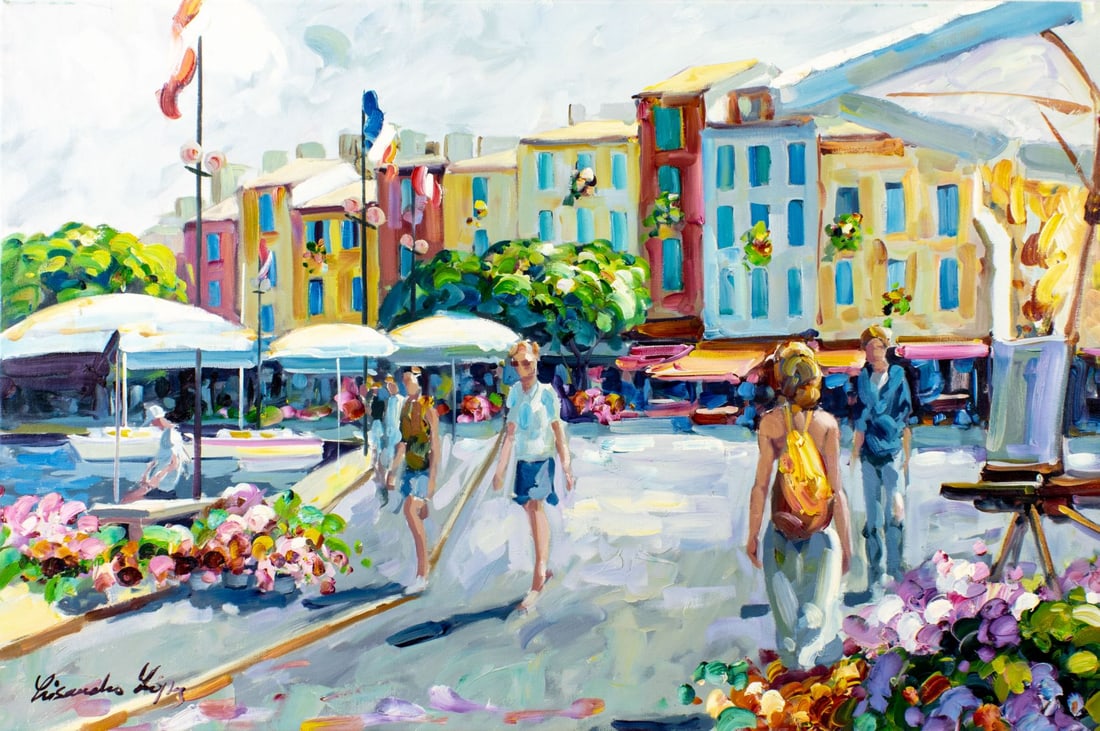 Lisandro Baylon (Argentina,US,b 1951) oil painting: ARTIST: Lisandro Lopez Baylon (Argentinian, American, born 1951) TITLE: Street Scene MEDIUM: oil on canvas CONDITION: Very minor craquelure. No visible inpaint under UV ligh