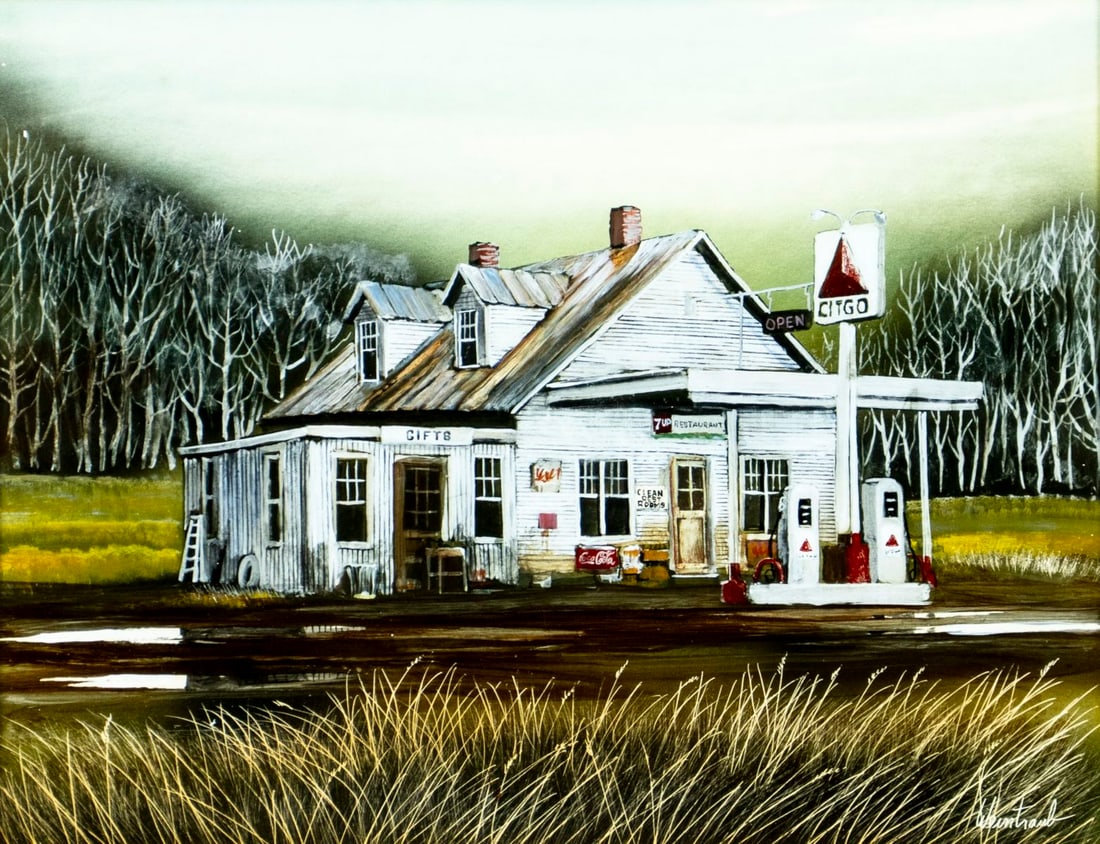 Herbert Weintraub (NY,FL,1934-2019) gouache painting: ARTIST: Herbert Weintraub (New York, Florida, 1934 - 2019) TITLE: Gas Station Citgo MEDIUM: gouache on paper CONDITION: Very good. Framed under glass. Minor damages to fra