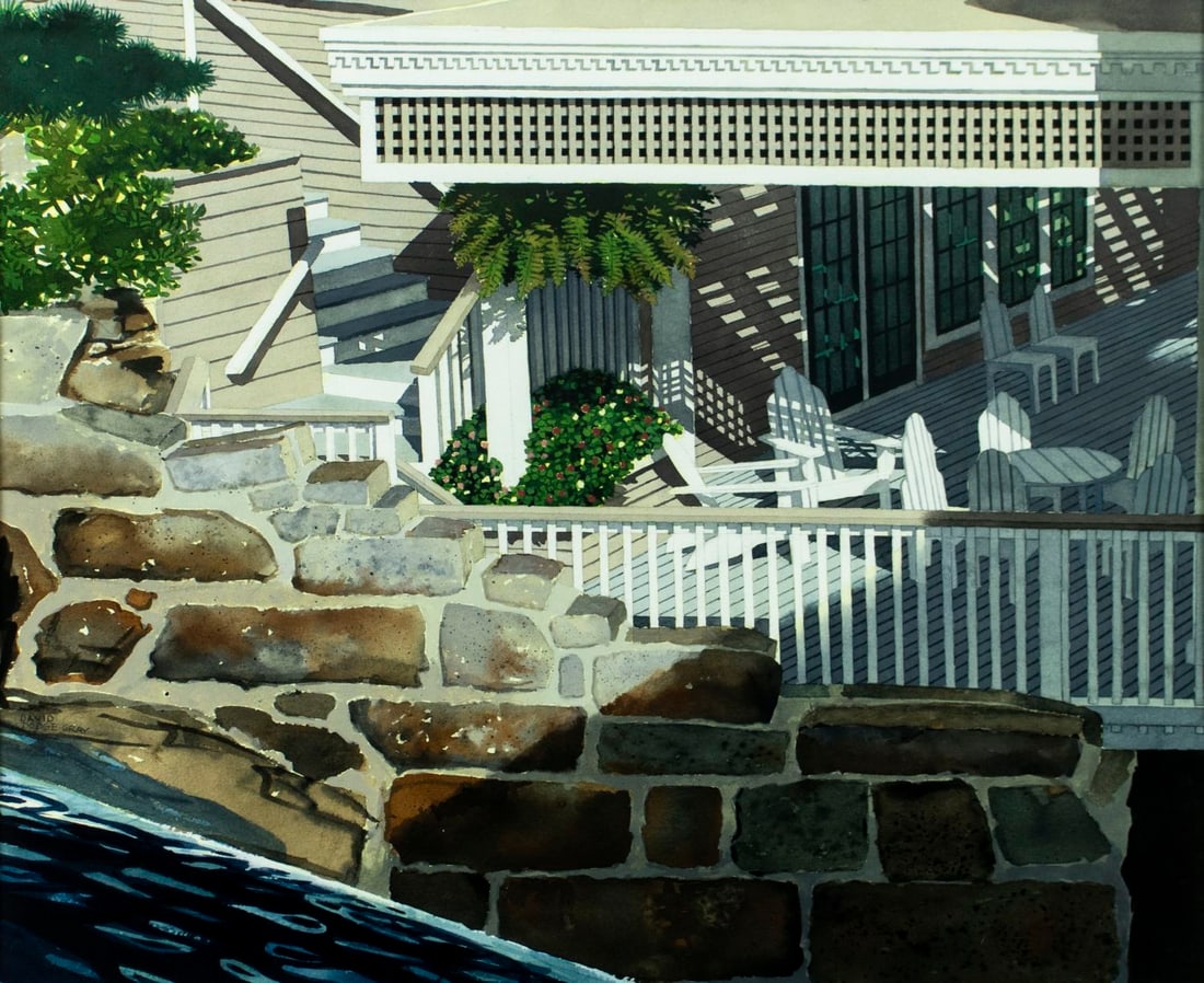 David Dodge Gray (ME,1953-2026) watercolor painting: ARTIST: David Dodge Gray (Maine, 1953 - 2026) TITLE: Cityscape - Porch Shadows, Camden, ME MEDIUM: watercolor on paper CONDITION: Very good. Framed under glass. Wear to fr