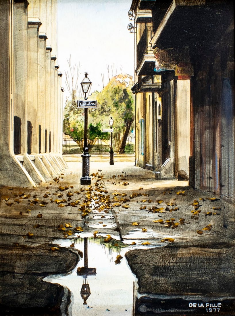 Paul De La Fille (LA,1927-2010) oil painting: ARTIST: Paul De La Fille (Louisiana, 1927 - 2010) TITLE: New Orleans Cityscape, LA YEAR: 1977 MEDIUM: oil on board CONDITION: Overall good. No visible