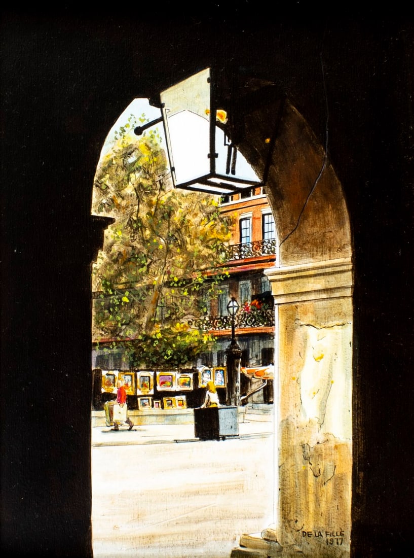 Paul De La Fille (LA,1927-2010) oil painting: ARTIST: Paul De La Fille (Louisiana, 1927 - 2010) TITLE: New Orleans Cityscape, LA YEAR: 1977 MEDIUM: oil on board CONDITION: Overall good. No visible