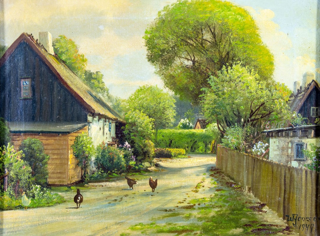 W Jenson (US,mid 20C) oil painting: ARTIST: W Jenson (American, mid 20 century) TITLE: Village Scene YEAR: 1949 MEDIUM: oil on canvas CONDITION: Few minor paint losses. Minor craquelure. No