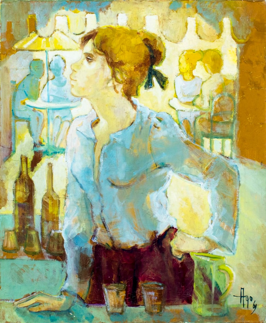 Robert Aillaud Ayo (French,1926-?) oil painting: ARTIST: Robert Aillaud Ayo (France, 1926 - ???) NAME: Waitress YEAR: 1969 MEDIUM: oil on canvas CONDITION: Unstretched (In-House stretching available). Missing a few flak