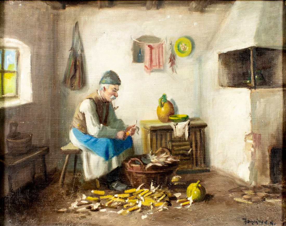 G A Horvath (Hungary,mid 20C) oil painting: ARTIST: G A Horvath (Hungarian, mid 20 century) TITLE: Man Peeling Vegetables MEDIUM: oil on canvas CONDITION: Few minor paint losses. Some craquelure. No visible inpaint un