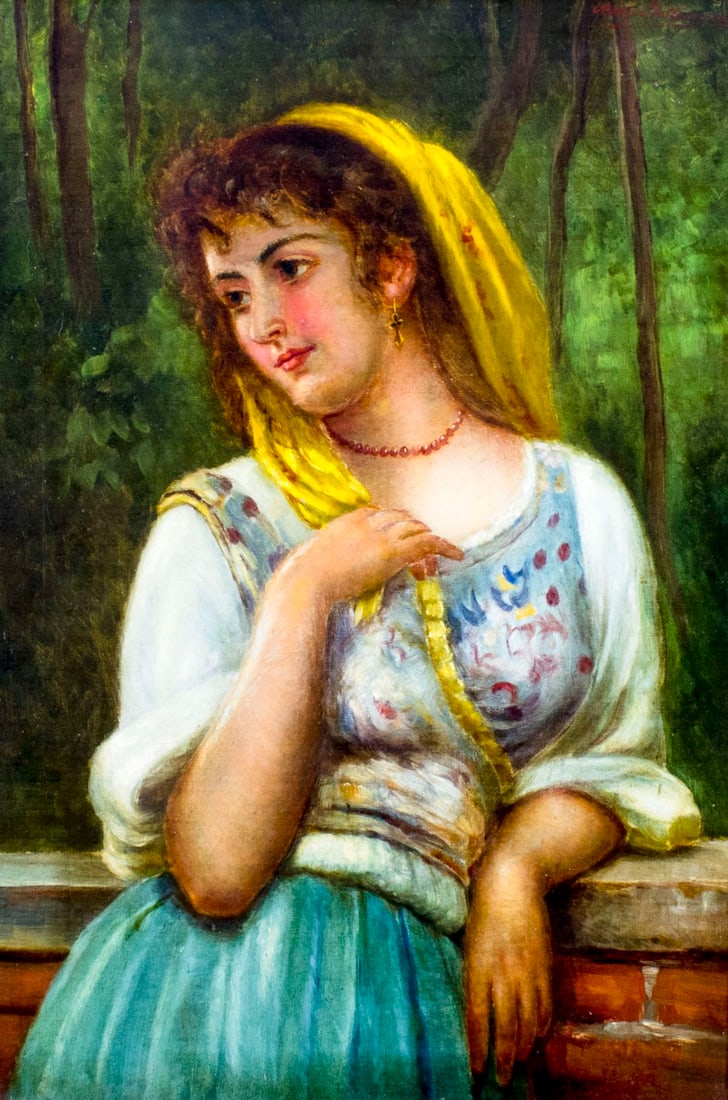 Martin Gottsdanker (German,early 20C) oil painting antique: ARTIST: Martin Gottsdanker (Germany, early 20 century) NAME: Portrait of Woman MEDIUM: oil on canvas CONDITION: Very minor craquelure. No visible inpaint under UV light. SIGHT SIZE: 29 x