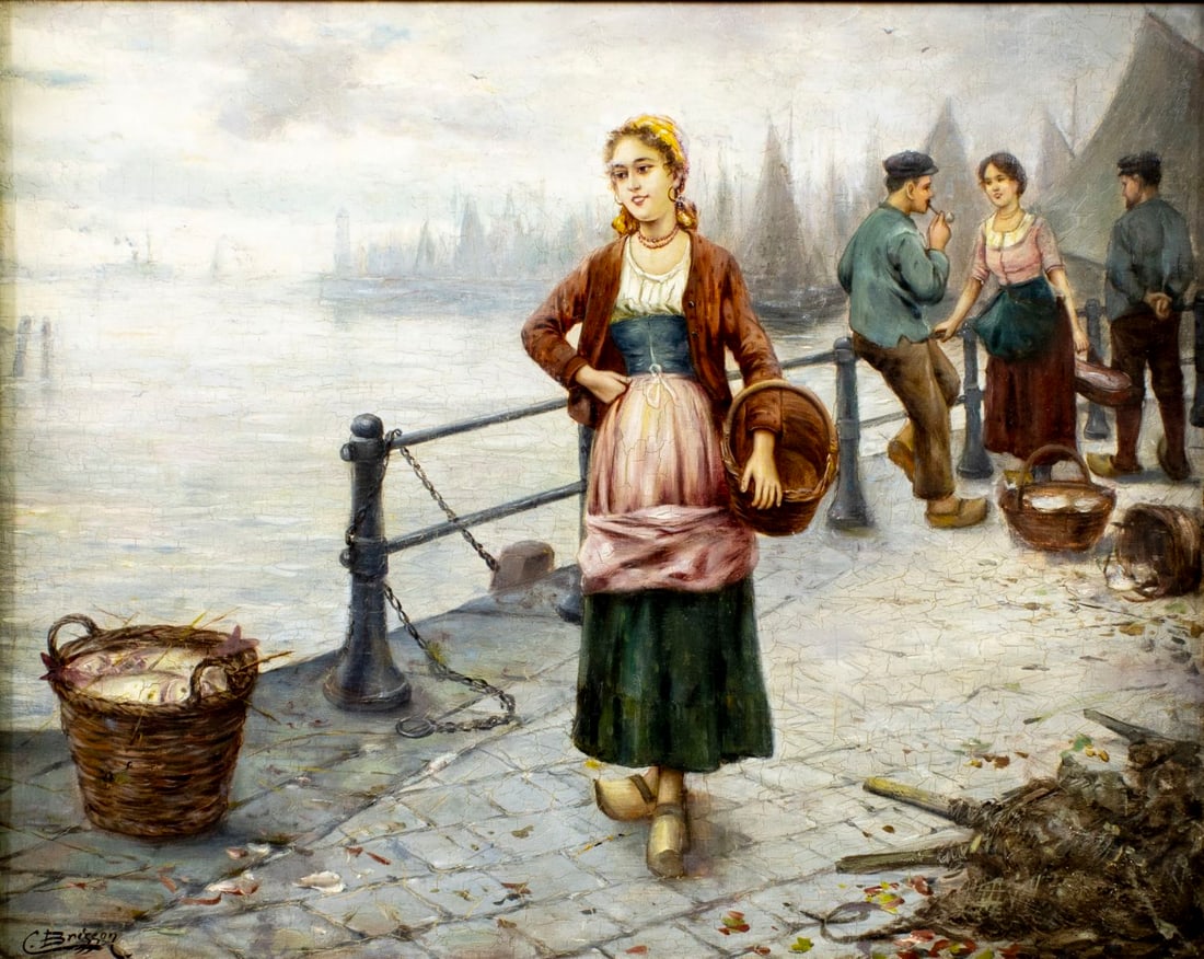 C Brisson (Dutch,early 20C) oil painting: ARTIST: C Brisson (Netherlands, early 20 century) TITLE: Coastal Scene MEDIUM: oil on canvas. Canvas applied to board. CONDITION: Few minor paint losses. Some craquelure. S