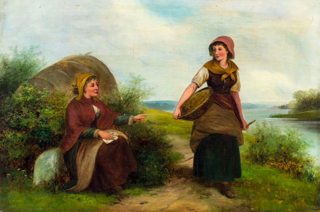 ATTR Frank James Turner (UK,fl 1863-1875) oil painting antique: ARTIST: ATTRIBUTED TO Frank James Turner (English, fl. 1863-1875) NAME: Fortune Teller MEDIUM: oil on canvas CONDITION: Some nail holes along edges. Minor paint losses. Minor craquelure. Few