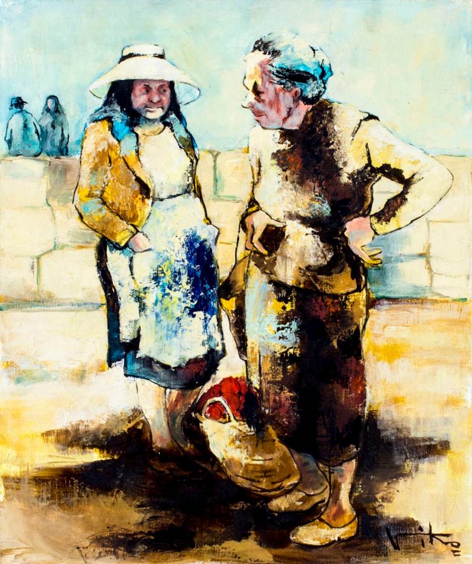 Viko (French,20C) oil painting: ARTIST: Viko (France, 20 century) NAME: Two Old Women MEDIUM: oil on canvas CONDITION: Unstretched (In-House stretching available). Missing a few flakes of paint. No visible inpaint under UV