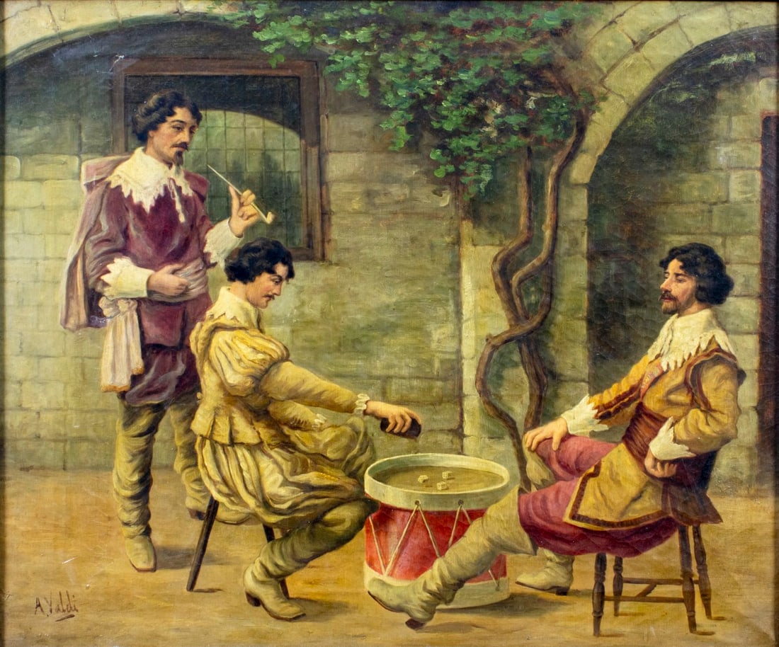 A Valdi (Europe,early 20C) oil painting antique: ARTIST: A Valdi (European, early 20 century) TITLE: Dice Players MEDIUM: oil on canvas CONDITION: Two small patches. Few minor scratches/paint losses. Some craquelure. Few s