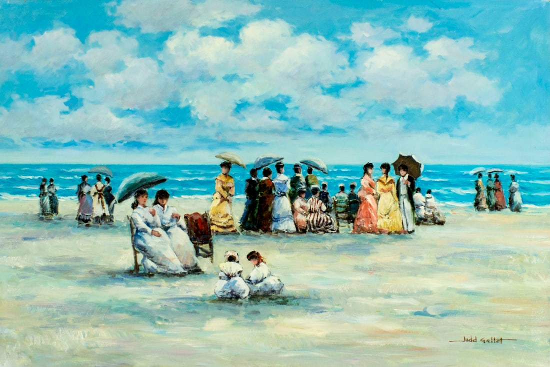 Judd Gallet (US,20C) oil painting: ARTIST: Judd Gallet (American, 20 century) NAME: Beach Scene MEDIUM: oil on canvas CONDITION: Very good. No visible inpaint under UV light. SIGHT SIZE: 24 x 36 inches / 60 x 91 cm