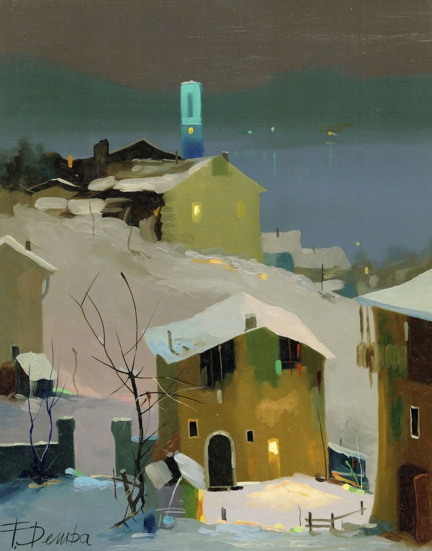 F Demba (Europe,20C) oil painting: ARTIST: F Demba (European, 20 century) TITLE: Winter Town Scene MEDIUM: oil on canvas CONDITION: Unstretched (In-House stretching available). Very good. No visible inpaint u