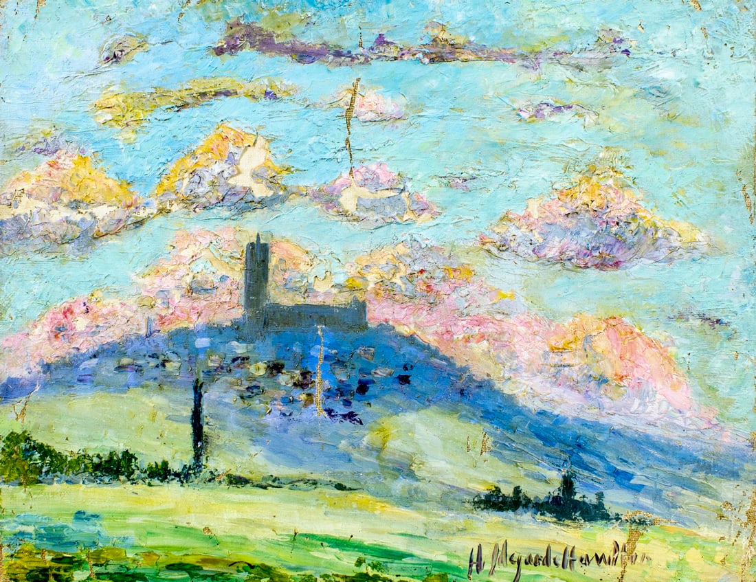 Hildegarde Hamilton (FL,VA,1898-1970) oil painting: ARTIST: Hildegarde Hume Hamilton (Florida, Virginia, 1898 - 1970) TITLE: Sunset Castle Landscape MEDIUM: oil on canvas CONDITION: Some flaking/paint losses (see pictures c