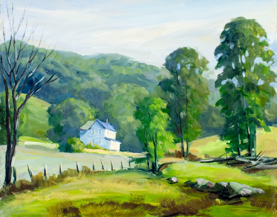 George Holloway (NJ,20C) oil painting: ARTIST: George Holloway (New Jersey, 20 century) TITLE: Countryside Landscape with Mansion MEDIUM: oil on board CONDITION: Overall good. No visible inpaint under UV light. N