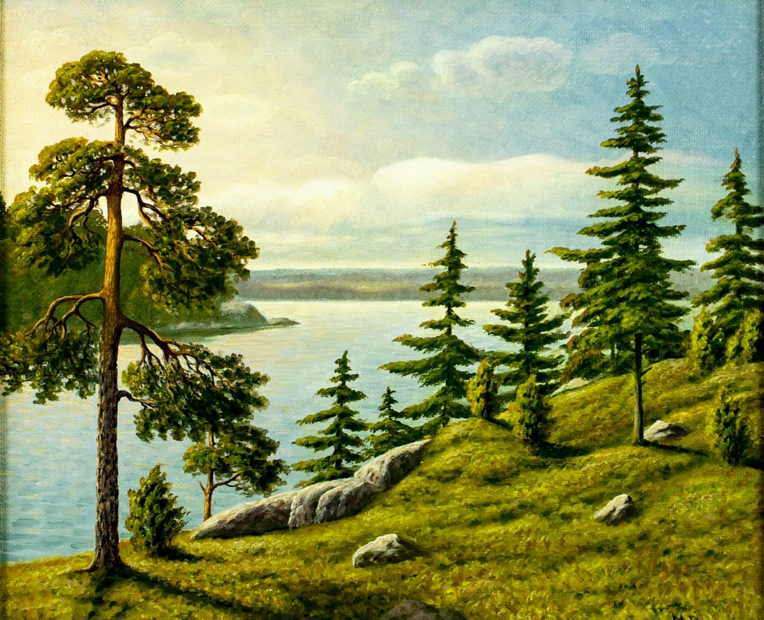 M Persson (Europe,20C) oil painting: ARTIST: M Persson (European, 20 century) TITLE: River Landscape MEDIUM: oil on board CONDITION: Overall good. No visible inpaint under UV light. Wear to frame. AR