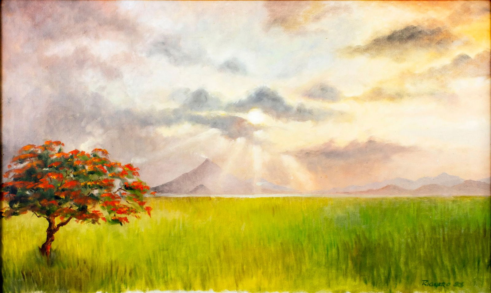 Vintage 20C Latin American oil painting signed: ARTIST: - (Latin America, 20 century) TITLE: Sunset Landscape with Red Poinciana YEAR: 1983 MEDIUM: oil on canvas CONDITION: Few minor scratches/paint