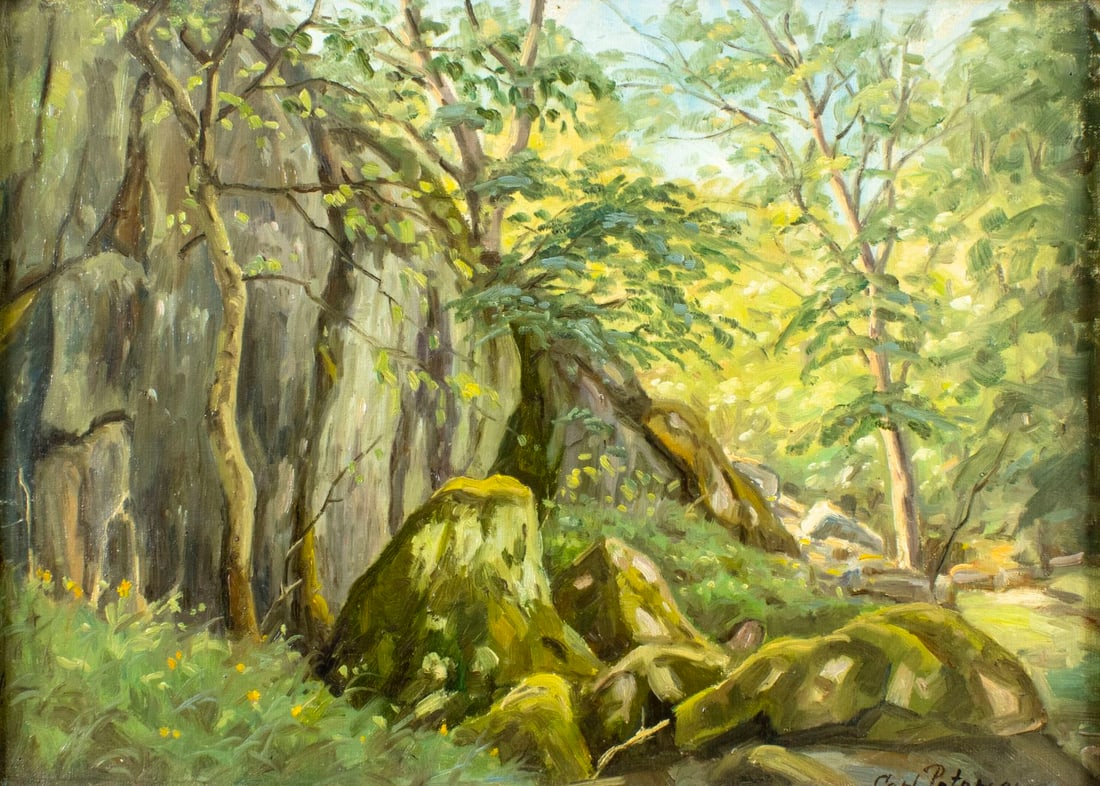 Carl Petersen (Danish,1866-1930) oil painting antique: ARTIST: Carl Petersen (Denmark, 1866 - 1930) TITLE: Forest Landscape MEDIUM: oil on canvas CONDITION: Few minor paint losses along edges. No visible inpaint under UV light