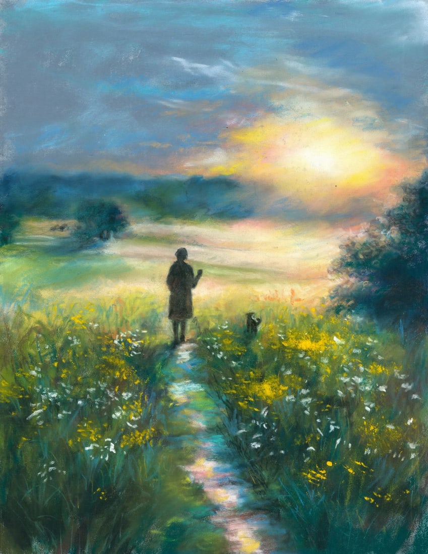 Olesya Grebenyuk (Ukraine,20/21C) pastel painting: ARTIST: Olesya Grebenyuk (Ukrainian, 20/21 centuries) TITLE: Sunset Landscape with Woman and Dog MEDIUM: pastel on heavy paper CONDITION: Minor paint losses. ART