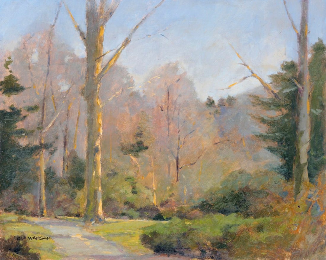 Robert Waltsak (NJ,b 1944) oil painting: ARTIST: Robert Alan Waltsak (New Jersey, born 1944) TITLE: Forest Landscape MEDIUM: oil on board CONDITION: Few minor scratches/paint losses. No visible inpaint under UV lig