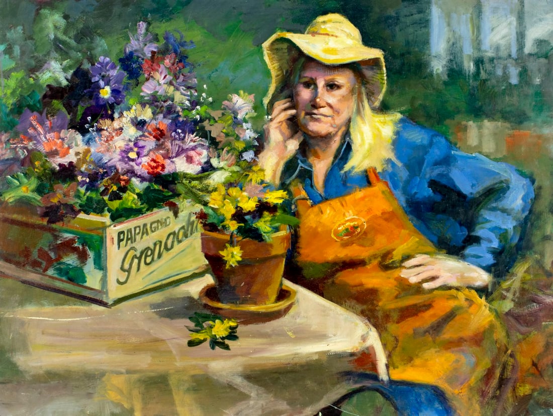 John Reilly (NY,NJ,1942-2021) oil painting: ARTIST: John Reilly (New York, New Jersey, 1942 - 2021) TITLE: Portrait of Woman with Flowers MEDIUM: oil on board CONDITION: Some damages to corners. One puncture in the