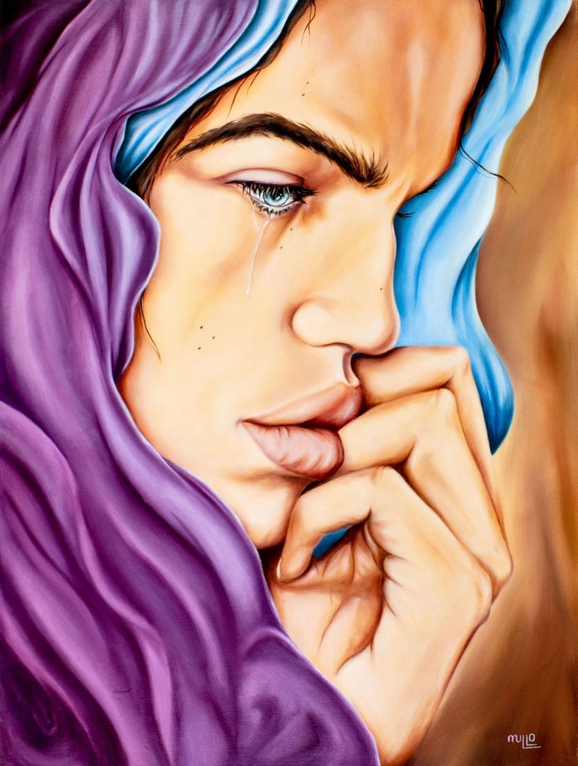 Joe Mulligan (Spain,Ireland,b 1966) oil painting: ARTIST: Joe Mulligan (Spanish, Irish, born 1966) TITLE: Silent Tears (titled on verso) YEAR: 2015 MEDIUM: oil on canvas CONDITION: Very good. No visible