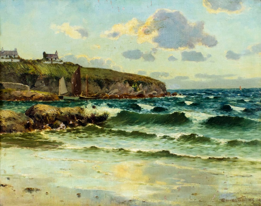 Warren Williams (UK,1863-1941) oil painting antique: ARTIST: Hugh Warren Williams (British, 1863 - 1941) NAME: On the Cornish Coast MEDIUM: oil on canvas CONDITION: Relined. Some paint losses. Some flaking. Some craquelure. No visible inpaint