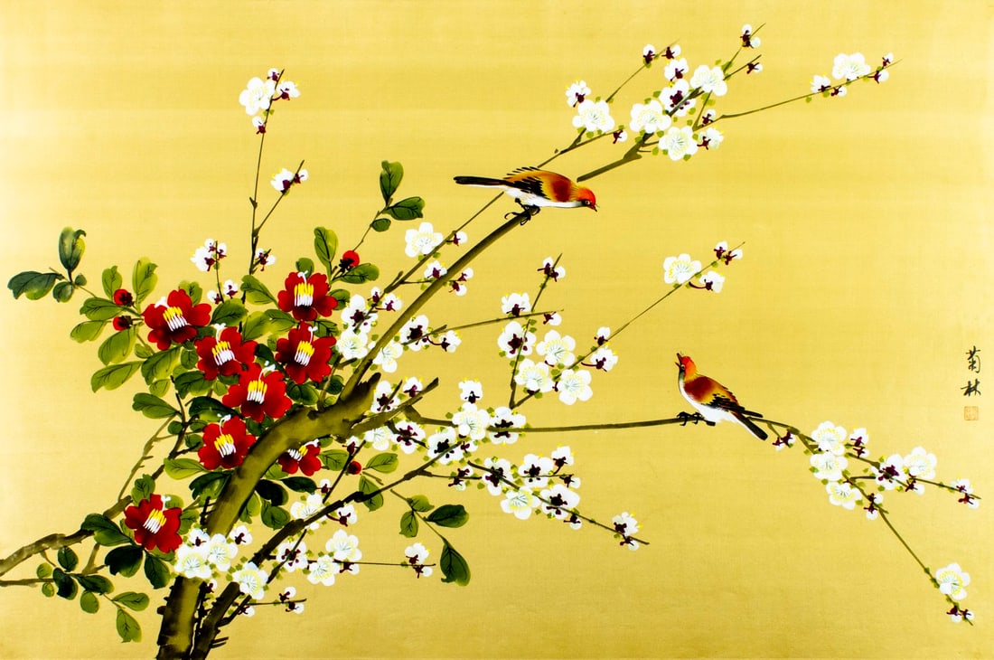 Vintage 20C Chinese oil painting: ARTIST: - (China, 20 century) TITLE: Two Birds on the Flower Branch MEDIUM: oil on canvas CONDITION: Overall good. ART SIZE: 38 x 26 inches / 96 x 66 c