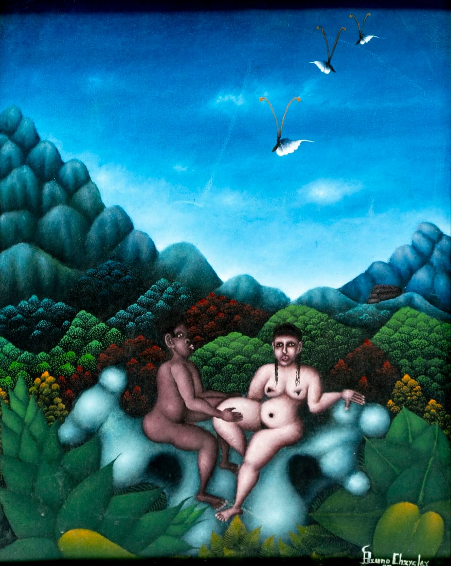 Bruno Chrysler (Haiti,born 1944) oil painting: ARTIST: Bruno Chrysler (Haitian, born 1944) TITLE: Haitian Landscape with Nude Couple YEAR: 1997 MEDIUM: oil on canvas CONDITION: Few scratches/paint los