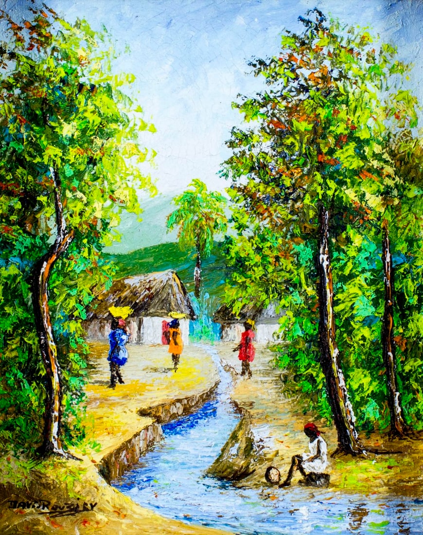 Dava Rouzicy (Haiti,20C) oil painting: ARTIST: Dava Rouzicy (Haitian, 20 century) TITLE: Haitian Village Scene MEDIUM: oil on canvas CONDITION: Very good. No visible inpaint under UV light. ART SIZE:<