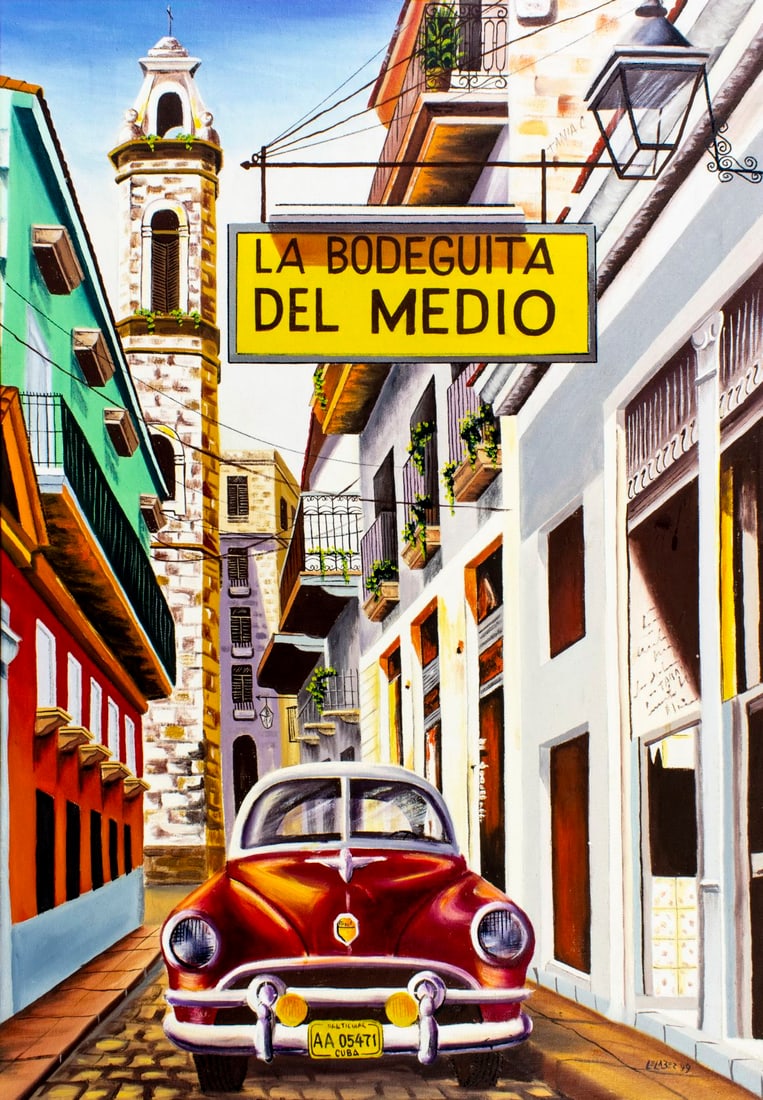 Leonides Lazo Bernal (Cuba,20C) oil painting: ARTIST: Leonides Lazo Bernal (Cuban, 20 century) TITLE: Havana Cityscape with Car, Cuba YEAR: 1999 MEDIUM: oil on canvas CONDITION: Few minor paint losse