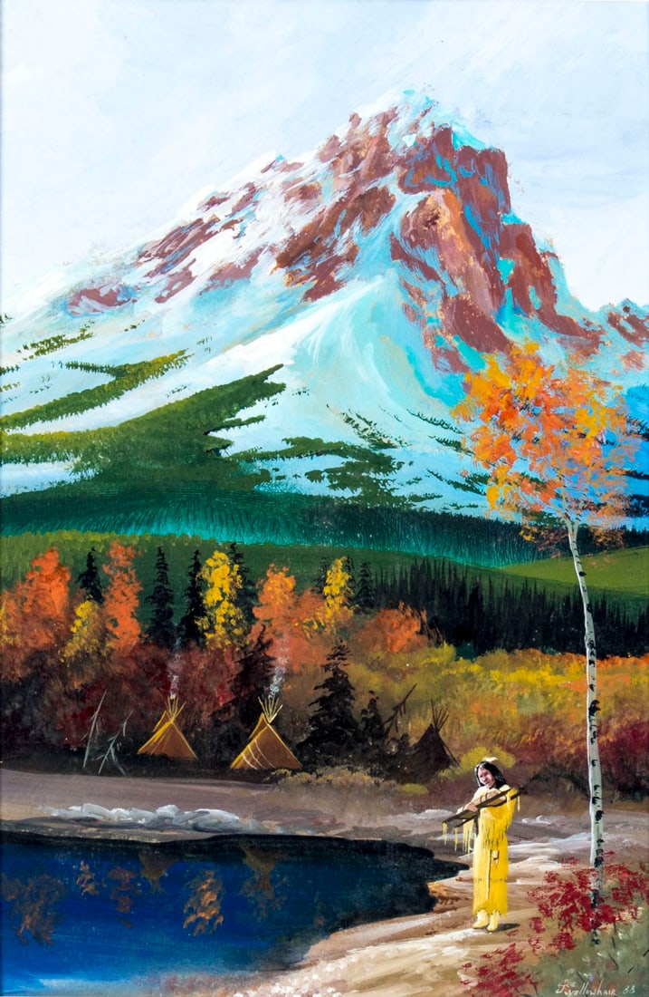 Jeff Yellowhair (Kiowa,OK,20/21C) gouache painting: ARTIST: Jeff Yellowhair (Kiowa, Oklahoma, 20/21 century) NAME: Western Scene YEAR: 1988 MEDIUM: gouache on board CONDITION: Excellent SIGHT SIZE: 12 x 8 inches / 30 x